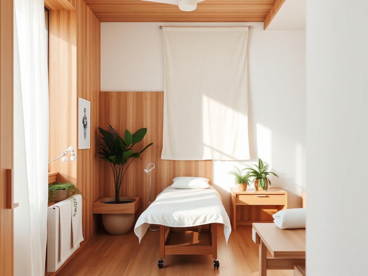 Calm wood-paneled care room with linen and plants