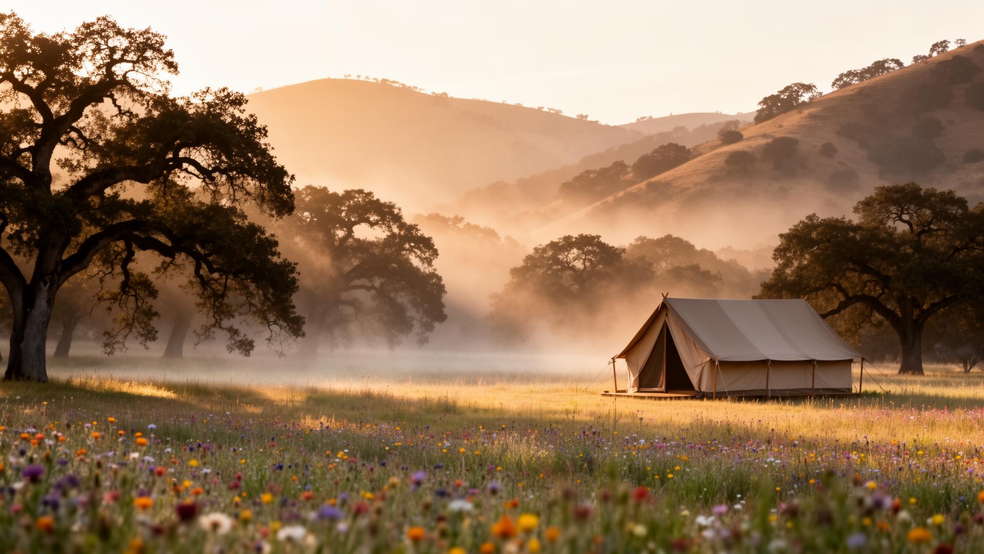 Misty oak meadow in the California foothills at sunrise